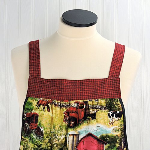 Vintage Farm Scene Pinafore with no ties, relaxed fit smock with pockets, Red Barn- Truck- Horses- Cows- Tractor