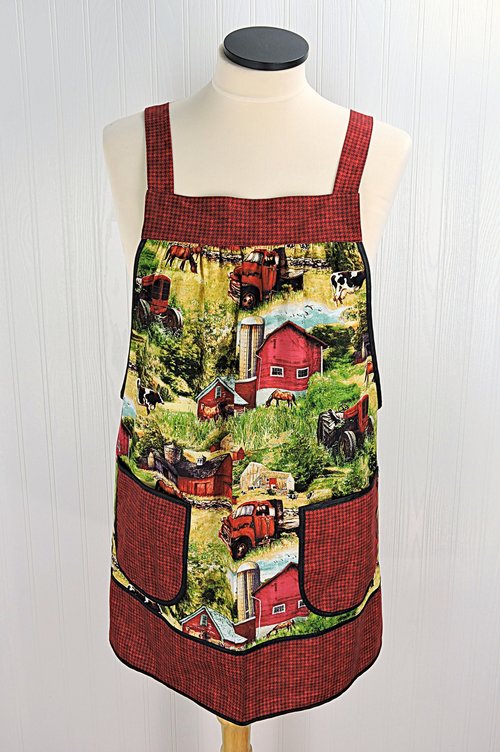 Vintage Farm Scene Pinafore with no ties, relaxed fit smock with pockets, Red Barn- Truck- Horses- Cows- Tractor