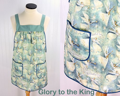 Glory to the King Pinafore with no ties, relaxed fit smock with pockets fits L/XL/2X, Christmas angels, baking apron ready to ship