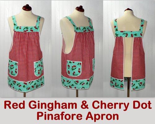 XS to 5X Red Gingham and Aqua Cherry Dot Pinafore with no ties, relaxed fit smock with pockets, retro baking apron