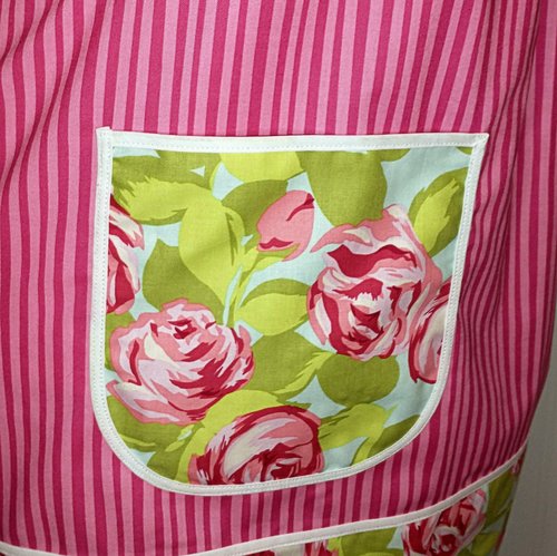 Pink Tumble Roses (with pink stripe) Pinafore with no ties, relaxed fit smock apron with pockets, OOP fabric, made-to-order XS - 5X