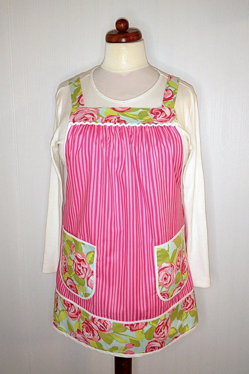 Pink Tumble Roses (with pink stripe) Pinafore with no ties, relaxed fit smock apron with pockets, OOP fabric, made-to-order XS - 5X