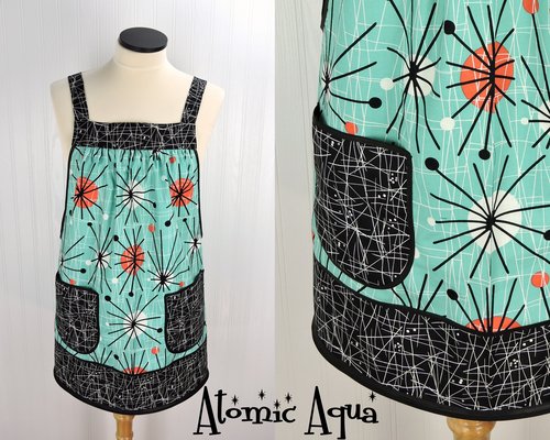 Atomic Aqua Pinafore Apron,  relaxed fit apron with no ties, retro smock with pockets, made-to-order XS - 5X