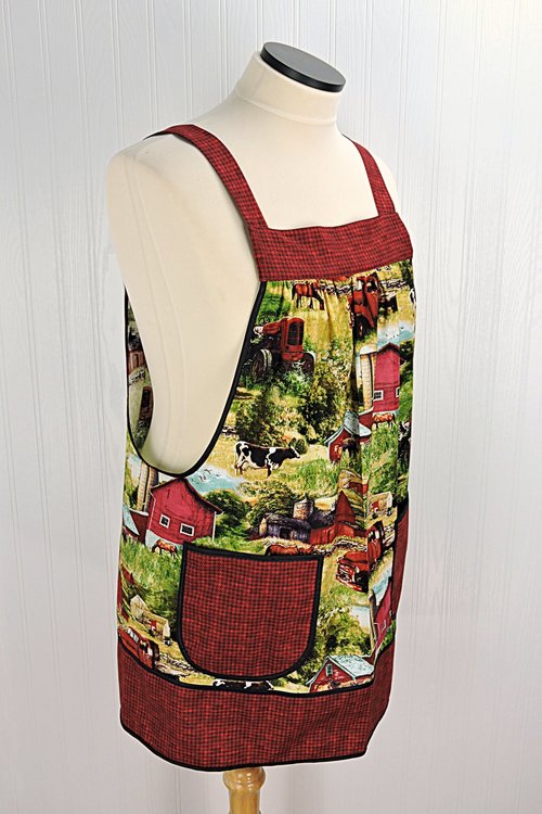 Vintage Farm Scene Pinafore with no ties, relaxed fit smock with pockets, Red Barn- Truck- Horses- Cows- Tractor