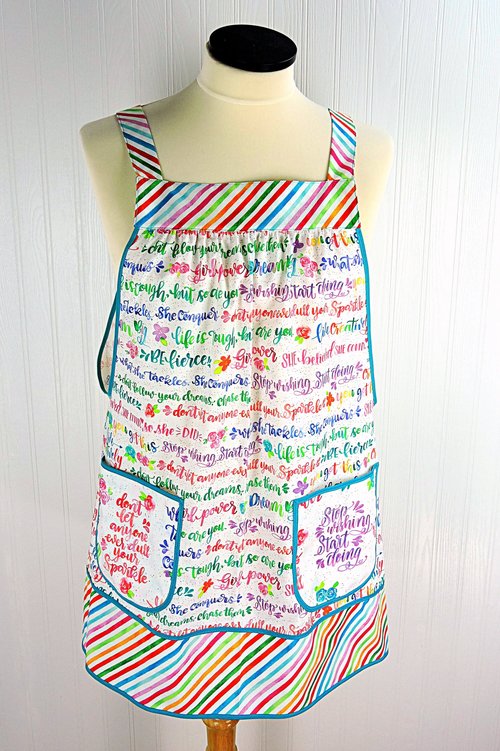 Girl Power Pinafore with no ties, relaxed fit smock with pockets, rainbow script words of empowerment, XS to 5X made after order