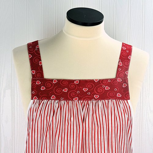 XS - 5X Red Stripe Valentine Pinafore with no ties, relaxed fit smock with pockets, lovely hostess apron made to order after purchase