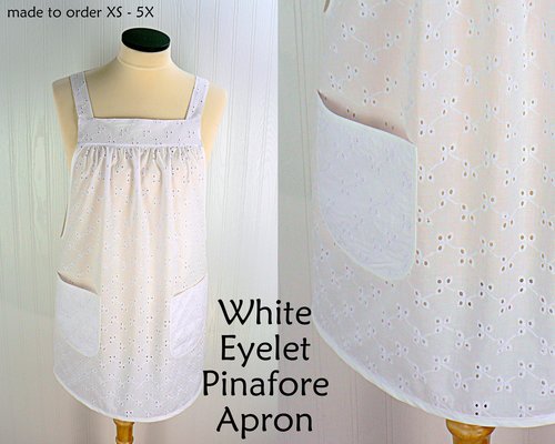 White Eyelet Pinafore Aprons with no ties, relaxed fit smock with pockets, XS - 5X made to order, lightweight and airy cover-up