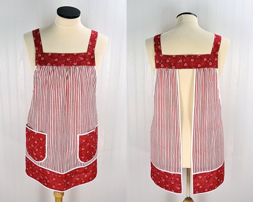 XS - 5X Red Stripe Valentine Pinafore with no ties, relaxed fit smock with pockets, lovely hostess apron made to order after purchase