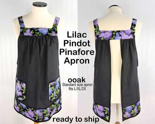 SHIPS FAST ~ Lilac Pindot Pinafore Apron with no ties, relaxed fit smock with pockets, spring floral apron fits L/XL/2X, ready to ship