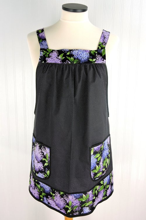 SHIPS FAST ~ Lilac Pindot Pinafore Apron with no ties, relaxed fit smock with pockets, spring floral apron fits L/XL/2X, ready to ship