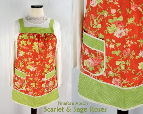 Scarlet & Sage Roses (in SCARLET colorway) Pinafore Apron with no ties, relaxed fit smock with pockets, made to order XS - 5X