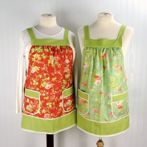 Scarlet & Sage Roses (in SCARLET colorway) Pinafore Apron with no ties, relaxed fit smock with pockets, made to order XS - 5X