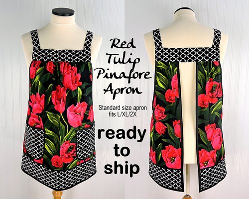 SHIPS FAST ~ Red Tulips Pinafore Apron with no ties, plus size smock apron with pockets, Standard Size (fits L/XL/2X) ready to ship now