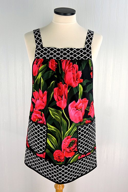 SHIPS FAST ~ Red Tulips Pinafore Apron with no ties, plus size smock apron with pockets, Standard Size (fits L/XL/2X) ready to ship now