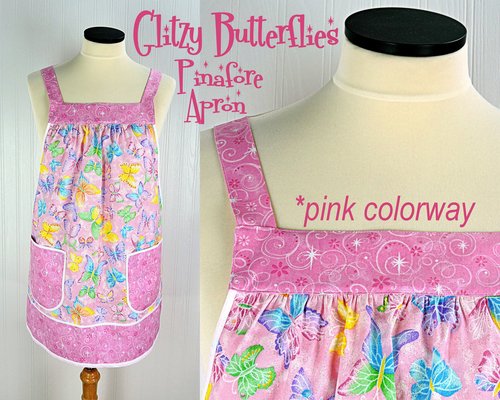 Purple Glitzy Butterflies Pinafore with no ties, relaxed fit smock apron with pockets, colorful with a bit of sparkle XS -5X