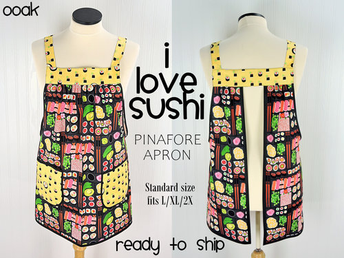 SHIPS FAST~ I Love Sushi Pinafore Apron with no ties, Japanese bento box on gray, relaxed fit smock with pockets fits L/XL/2X, Ready to Ship