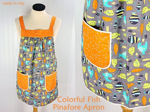 SHIPS FAST~ Colorful Fish Pinafore Apron, swim-suit cover-up, relaxed fit smock with pockets fits L/XL/2X, ready to ship