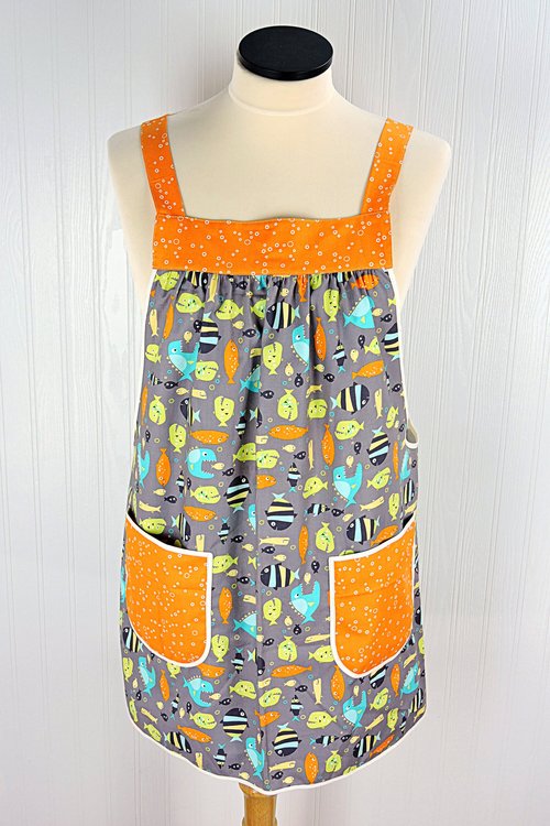 SHIPS FAST~ Colorful Fish Pinafore Apron, swim-suit cover-up, relaxed fit smock with pockets fits L/XL/2X, ready to ship