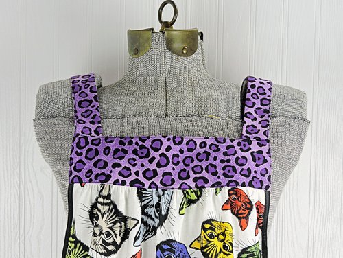 SHIPS FAST ~ Purple Catfinity Pinafore Apron with no ties, relaxed fit smock apron with pockets, Smallest Size (fits XS-S-M) ready to ship