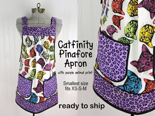 SHIPS FAST ~ Purple Catfinity Pinafore Apron with no ties, relaxed fit smock apron with pockets, Smallest Size (fits XS-S-M) ready to ship