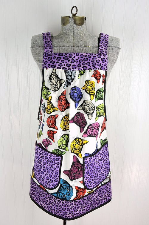 SHIPS FAST ~ Purple Catfinity Pinafore Apron with no ties, relaxed fit smock apron with pockets, Smallest Size (fits XS-S-M) ready to ship
