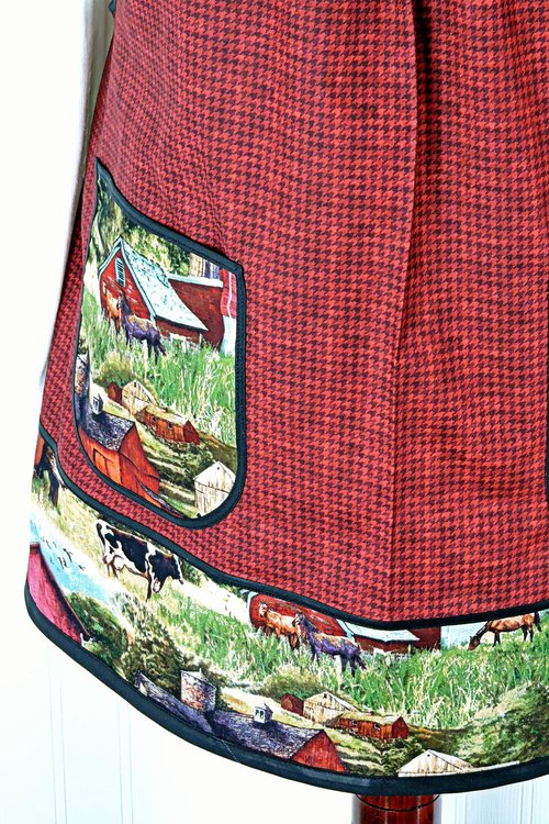 SHIPS FAST~ Vintage Farm Scene (on red) Pinafore with no ties, relaxed fit smock with pockets, Red Barn- Horses- Cows- Tractor, fits L/XL/2X