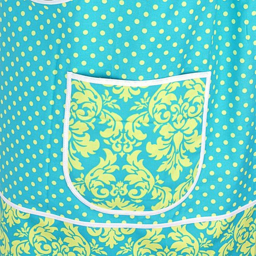 SHIPS FAST~ Pinafore Apron with no ties (Dandy Damask and Polka Dots in Lagoon) relaxed fit smock with pockets, standard size fits L/XL/2X