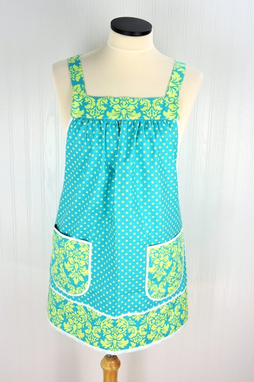 SHIPS FAST~ Pinafore Apron with no ties (Dandy Damask and Polka Dots in Lagoon) relaxed fit smock with pockets, standard size fits L/XL/2X