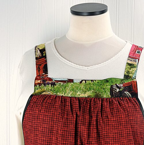 SHIPS FAST~ Vintage Farm Scene (on red) Pinafore with no ties, relaxed fit smock with pockets, Red Barn- Horses- Cows- Tractor, fits L/XL/2X
