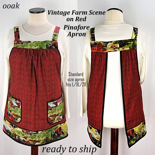 SHIPS FAST~ Vintage Farm Scene (on red) Pinafore with no ties, relaxed fit smock with pockets, Red Barn- Horses- Cows- Tractor, fits L/XL/2X