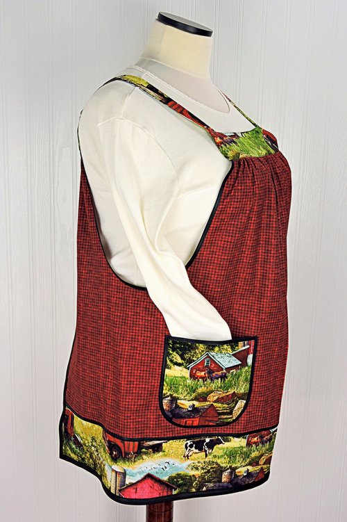 SHIPS FAST~ Vintage Farm Scene (on red) Pinafore with no ties, relaxed fit smock with pockets, Red Barn- Horses- Cows- Tractor, fits L/XL/2X