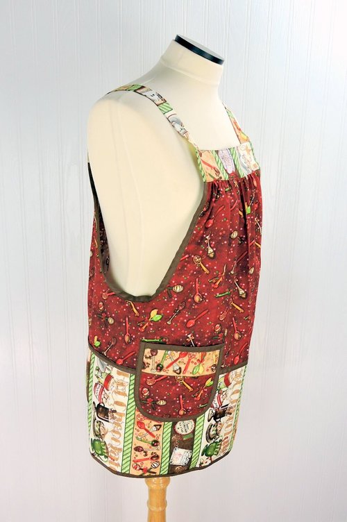 Hot Chocolate Scrapbuster Pinafore Apron with no ties, relaxed fit smock with pockets, OOAK Christmas plus size apron fits L-XL-2X