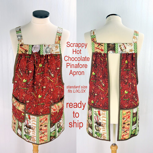 Hot Chocolate Scrapbuster Pinafore Apron with no ties, relaxed fit smock with pockets, OOAK Christmas plus size apron fits L-XL-2X