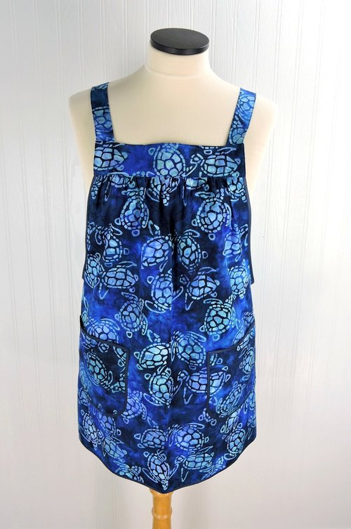 Sea Turtle Batik Pinafore Apron with no ties, relaxed fit smock apron with pockets, handmade-to-order XS - 5X, blue-purple-green watercolor