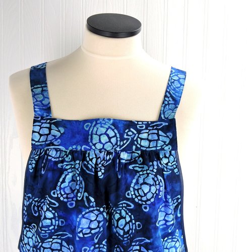 Sea Turtle Batik Pinafore Apron with no ties, relaxed fit smock apron with pockets, handmade-to-order XS - 5X, blue-purple-green watercolor