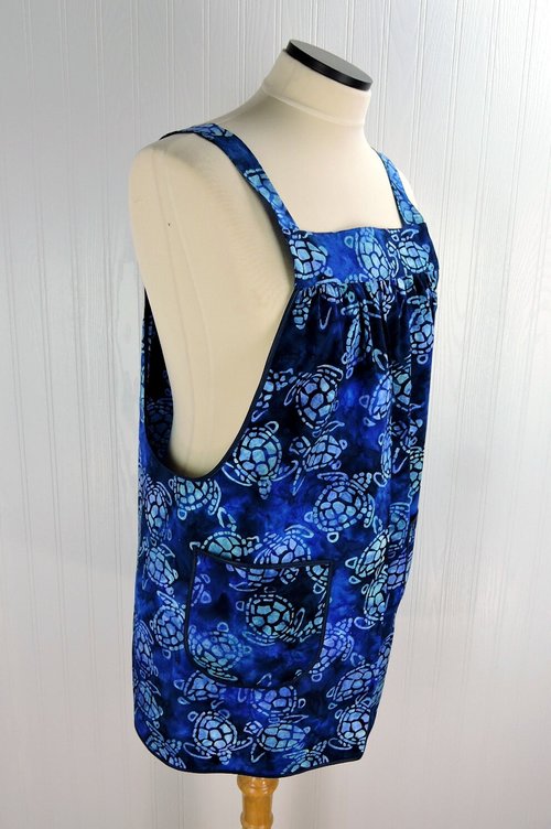 Sea Turtle Batik Pinafore Apron with no ties, relaxed fit smock apron with pockets, handmade-to-order XS - 5X, blue-purple-green watercolor