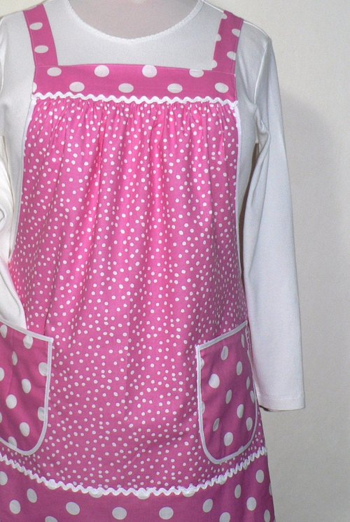 XS- 5X Pink Polka Dot Pinafore with no ties, relaxed fit smock with pockets, retro hostess apron handmade after order