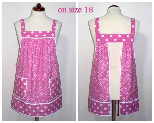 XS- 5X Pink Polka Dot Pinafore with no ties, relaxed fit smock with pockets, retro hostess apron handmade after order