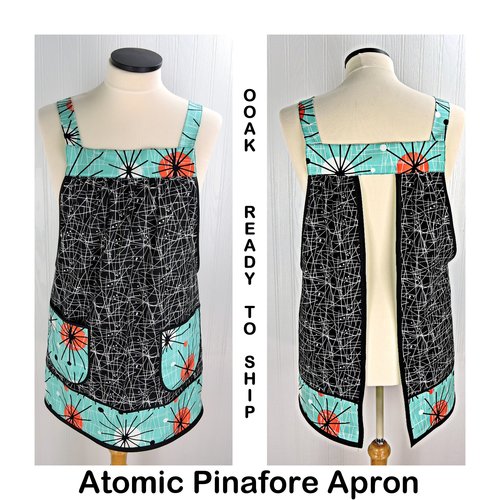 Atomic Pinafore Apron,  relaxed fit apron with no ties, retro mid-century modern smock with pockets, OOAK last one ready to ship