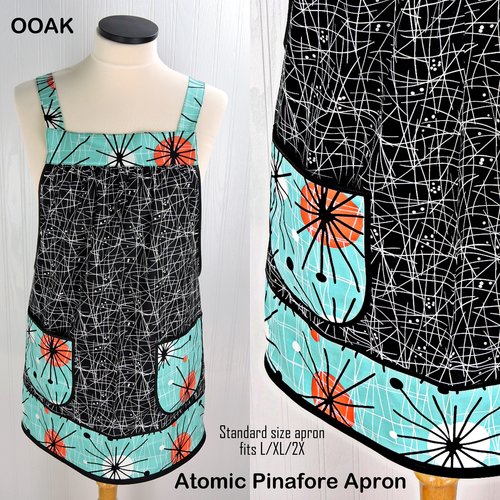 Atomic Pinafore Apron,  relaxed fit apron with no ties, retro mid-century modern smock with pockets, OOAK last one ready to ship