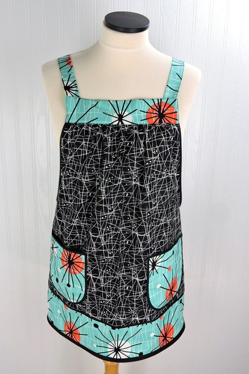 Atomic Pinafore Apron,  relaxed fit apron with no ties, retro mid-century modern smock with pockets, OOAK last one ready to ship