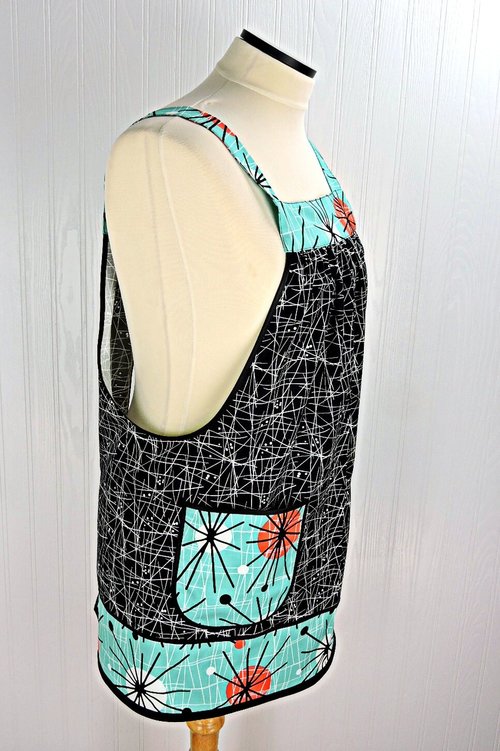 Atomic Pinafore Apron,  relaxed fit apron with no ties, retro mid-century modern smock with pockets, OOAK last one ready to ship