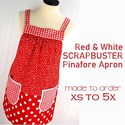 Red & White Scrapbuster Pinafore, relaxed fit smock with pockets, comfortable (doesn't touch neck) made to order XS to 5X plus size