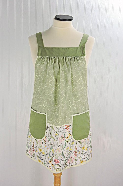 Garden Sketch Pinafore Apron with no ties, relaxed fit smock with pockets, standard size fits L-XL-2X, SHIPS FAST