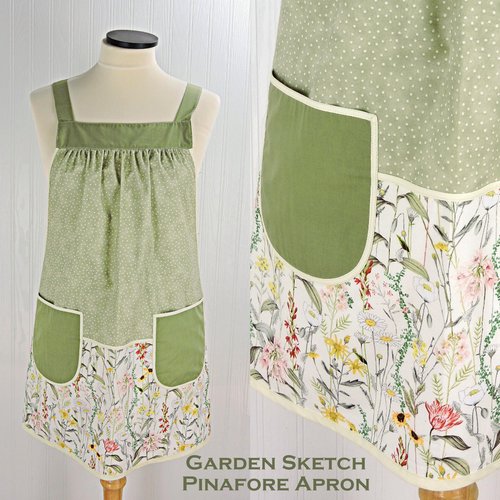 Garden Sketch Pinafore Apron with no ties, relaxed fit smock with pockets, standard size fits L-XL-2X, SHIPS FAST