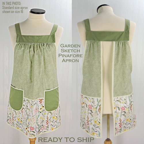 Garden Sketch Pinafore Apron with no ties, relaxed fit smock with pockets, standard size fits L-XL-2X, SHIPS FAST