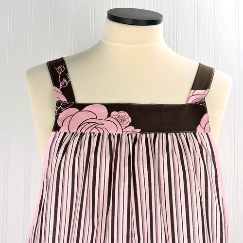 Stripes & Roses Pinafore with no ties, relaxed fit smock with pockets, one-of-a-kind apron fits L/XL/2X, ships fast
