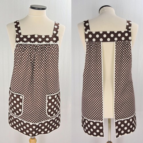 Brown & Cream Dot Pinafore with no ties, relaxed fit smock with pockets, lovely hostess apron, ready to ship fits L/XL/2X