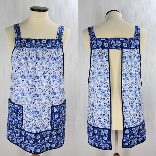 Classic Blue Floral Scrapbuster Pinafore with no ties, plus size smock apron with pockets, ready to ship fits L/XL/2X
