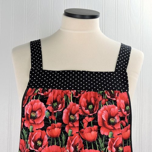Red Poppies on Black Pinafore Apron with no ties, loose-fitting smock with pockets, pretty hostess apron, ready to ship fits L/XL/2X